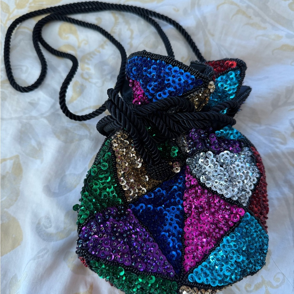 Urban Outfitters Women's Carrie Sequin Drawstring Small Bag Green/Blue/Brown/Blk - Picture 2 of 4